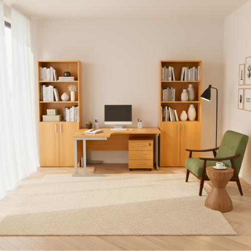 Core Left Hand Corner Office Desk - W1600xD1200xH730mm - Norwegian Beech - Double Cantilever Silver Frame